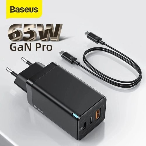 Baseus laptop and phone GaN fast charger - 65W,  USB Support for 2xPD3.0 + QC3.0 charging protocols