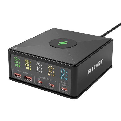 BlitzWolf® 868H 160W desktop USB PD+QC3.0 fast charger, 3x Type-C + 2x USB-A + Qi wireless charging port
