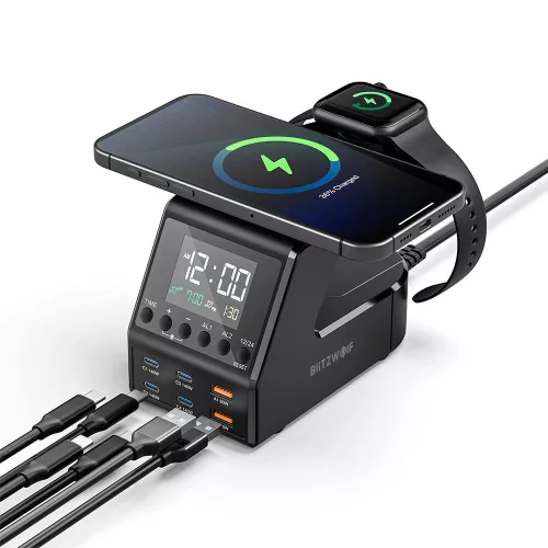 BlitzWolf® BW-FW10 - 240W Desktop Fast Charger and Alarm Clock, 6 USB Charging Ports (Type-C and USB-A) + Wireless Charging