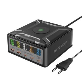   BlitzWolf® BW-S28 260W desktop 5x USB PD+QC3.0 desktop fast charger, 3x Type-C + 2x USB-A + Qi wireless charging port