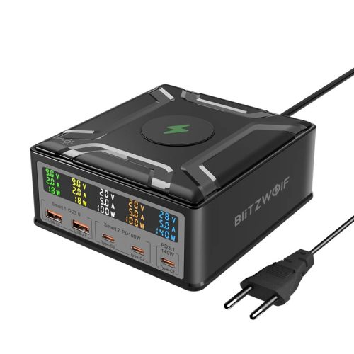 BlitzWolf® BW-S28 260W desktop 5x USB PD+QC3.0 desktop fast charger, 3x Type-C + 2x USB-A + Qi wireless charging port