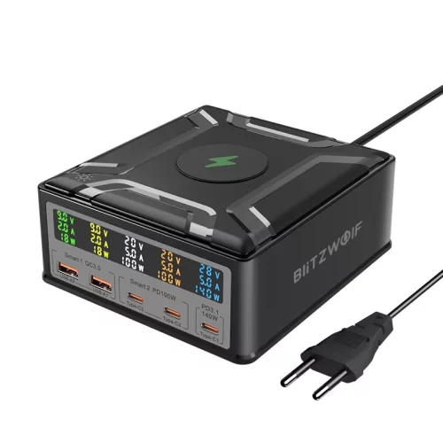 BlitzWolf® BW-S28 260W desktop 5x USB PD+QC3.0 desktop fast charger, 3x Type-C + 2x USB-A + Qi wireless charging port