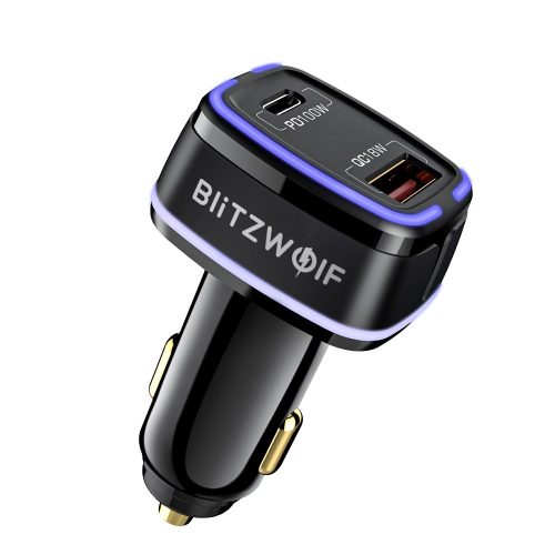 BlitzWolf® BW-SD8 Car Charger 118W - 18W QC3.0 + 100W PD3.0 with fast charging technologies, LED lighting