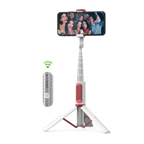 BlitzWolf® BW-BS10 All In One Portable Selfie Stick with Retractable Tripod, Hidden Phone Clamp, Up to 720mm Length, Removable Remote Control - White