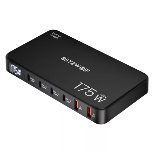 Blitzwolf® BW-S30 - 175W desktop USB fast charger station with digital display, 6 USB ports (4x Type-C + 2x USB-A ports)