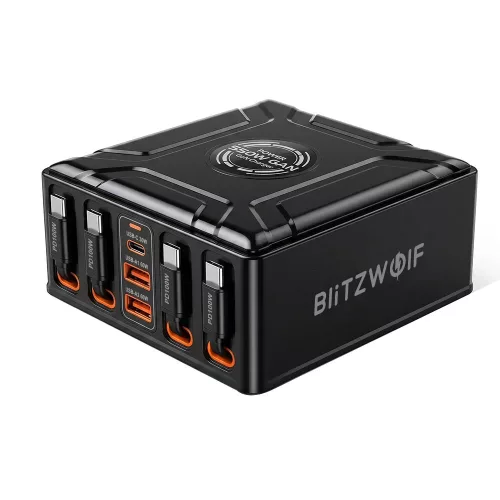 Blitzwolf® BW-S34 550W 7-Port USB PD Desktop Charger with Retractable Cable - 5USB-C+2USB-A QC PD Fast Charging