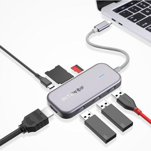 BlitzWolf® BW-TH5 7 in 1 USB-C Data Hub with 3-Port USB 3.0 TF Card Reader, HDMI,  USB-C PD Charging