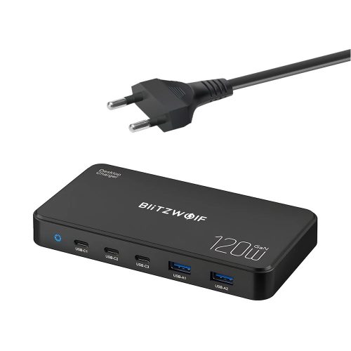 Blitzwolf® BW-i100 GaN 120W desktop USB fast charger, 5 USB ports (3x 100W PD3.0 fast charger + 2x 18w USB-A ports)