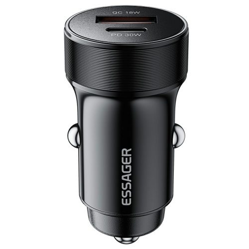 ESSAGER® ES-CC24 30W - aluminum car charger. 1x USB-A + 1x USB Type-C fast charging port, smart chip - black
