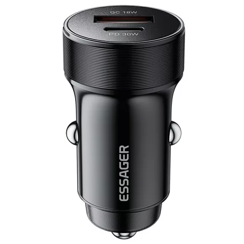ESSAGER® ES-CC24 30W - aluminum car charger. 1x USB-A + 1x USB Type-C fast charging port, smart chip - black