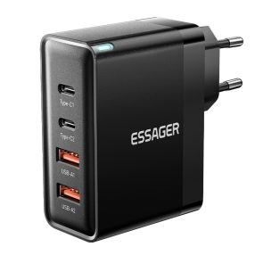   ESSAGER® ES-CD37 - 100 Watt USB Wall Charger - 4 Ports (2x Type C + 2x USB-A) for Android, Apple and Windows