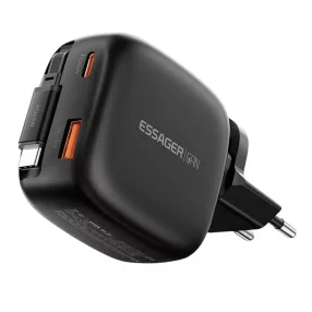   ESSAGER® ES-CD60 – 65-Watt USB wall charger with integrated, retractable USB-C cable – 3 charging ports