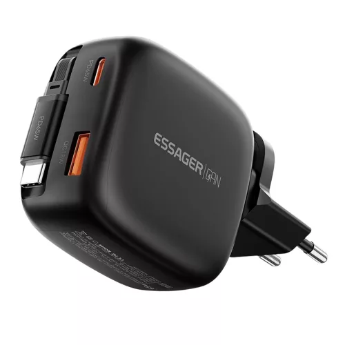 ESSAGER® ES-CD60 – 65-Watt USB wall charger with integrated, retractable USB-C cable – 3 charging ports