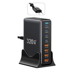   ESSAGER® YMX-320W - 320 Watt USB Desktop Fast Charger - 8 Ports (4x Type C + 4x USB-A) for Android, Apple and Windows