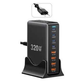   ESSAGER® YMX-320W - 320 Watt USB Desktop Fast Charger - 8 Ports (4x Type C + 4x USB-A) for Android, Apple and Windows