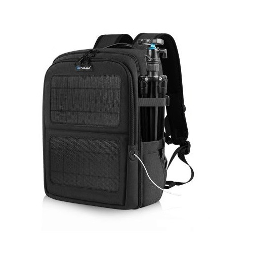 PULUZ Solar Power DSLR photo backpack - 12W charging power, photography accessories + laptop storage compartments, water and scratch-resistant fabric