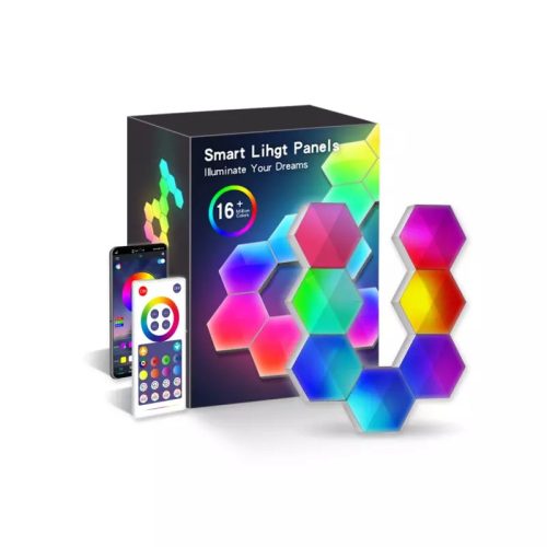 RSH® QG06 - Smart Hexagon color (RGB) wall lamp - 6 pcs., Application + remote control, hexagonal, RGB color scale, can be stuck on the wall