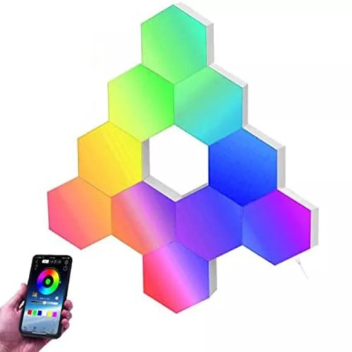 RSH® QG10 - Smart Hexagon color (RGB) wall lamp - 10 pcs., Application + remote control, hexagonal, RGB color scale, can be stuck on the wall