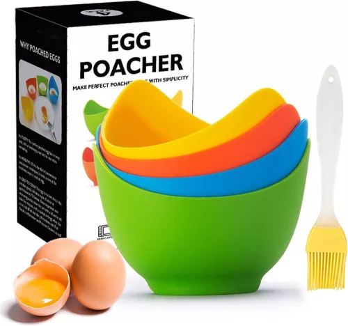 Egg Poacher - Poached Egg Cooker with Ring Standard, Silicone Egg Poacher Cup for Microwave or Stovetop Egg Poaching, with Extra Oil Brush, BPA Free, 4 Pack
