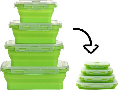 Collapsible, BPA-free silicone food storage box set - 4 pcs, collapsible - Green