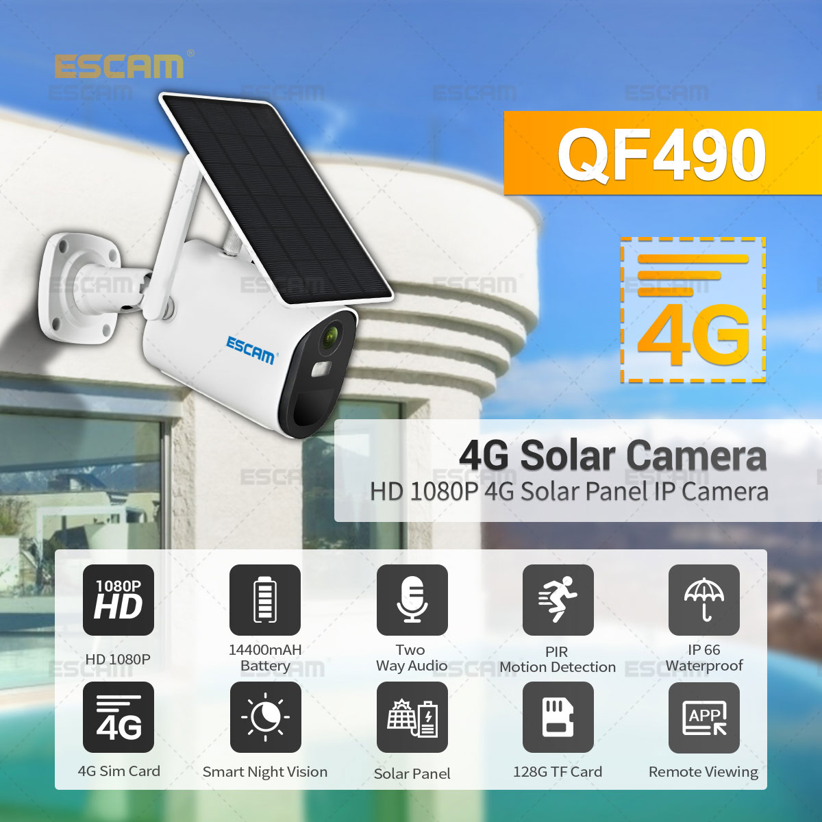 Escam - 4G SIM IR Solar IP Kamera 1080p iOS/Android