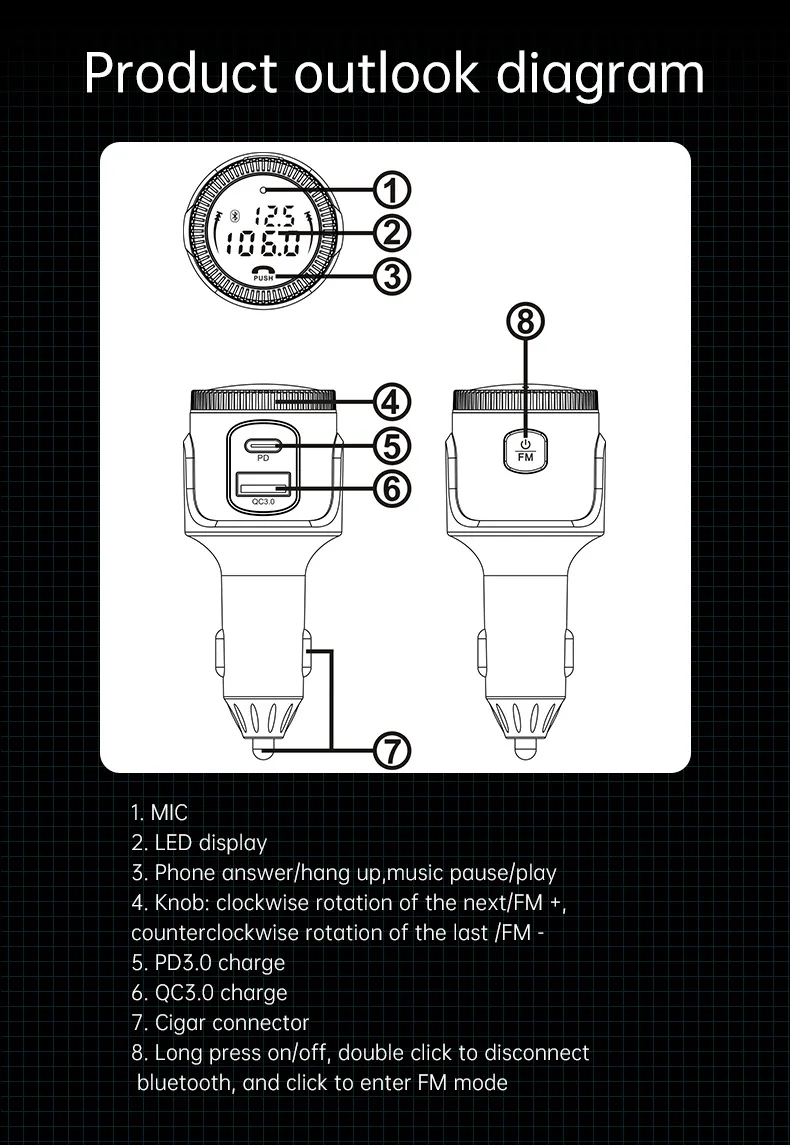 HiGi® - BC72 Auto-Bluetooth-V5.0-FM-Transmitter und Auto-USB