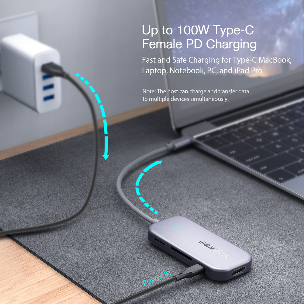 Adaptateur Blitzwolf BW-TH5 7-en-1 USB-C avec HDMI 4K, 3 USB 3.0, Lecteur  de Cartes SD/TF 